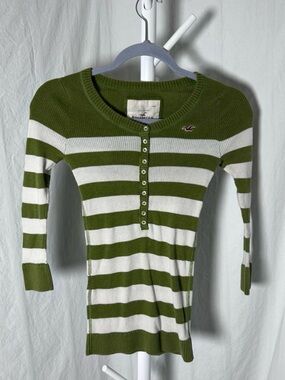 Y2K Hollister Olive Green & White Striped Henley Top read description!!
